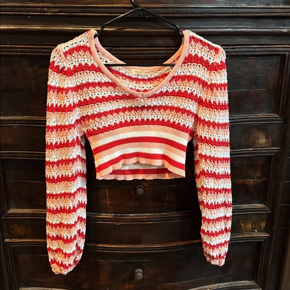 Altard State Size XS Womens Sweater Cropped Fully Crochet Balloon Sleeve Top